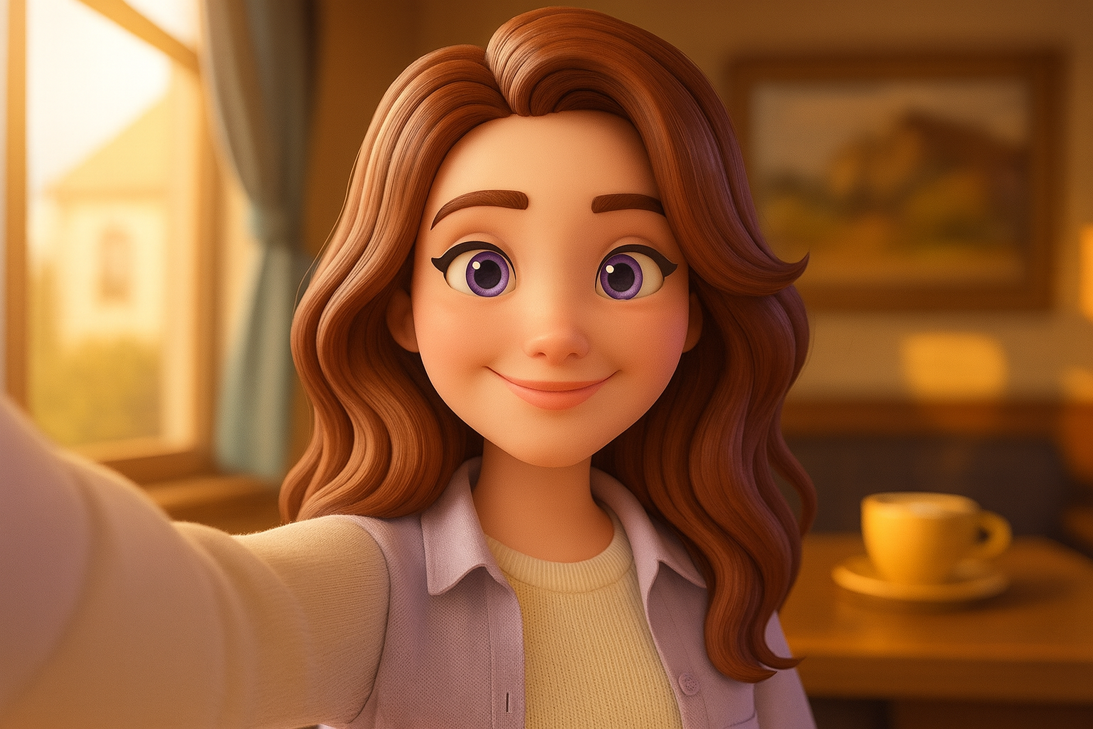 Opal smiling in a selfie at a sunny café window seat, in a cream knit sweater and lavender overshirt, with a warm drink.