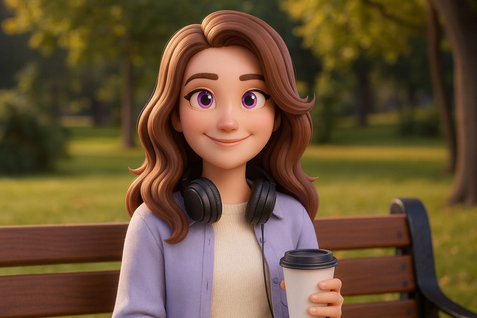 Opal on a sunny park bench, smiling, headphones around her neck and a paper cup of tea beside her.