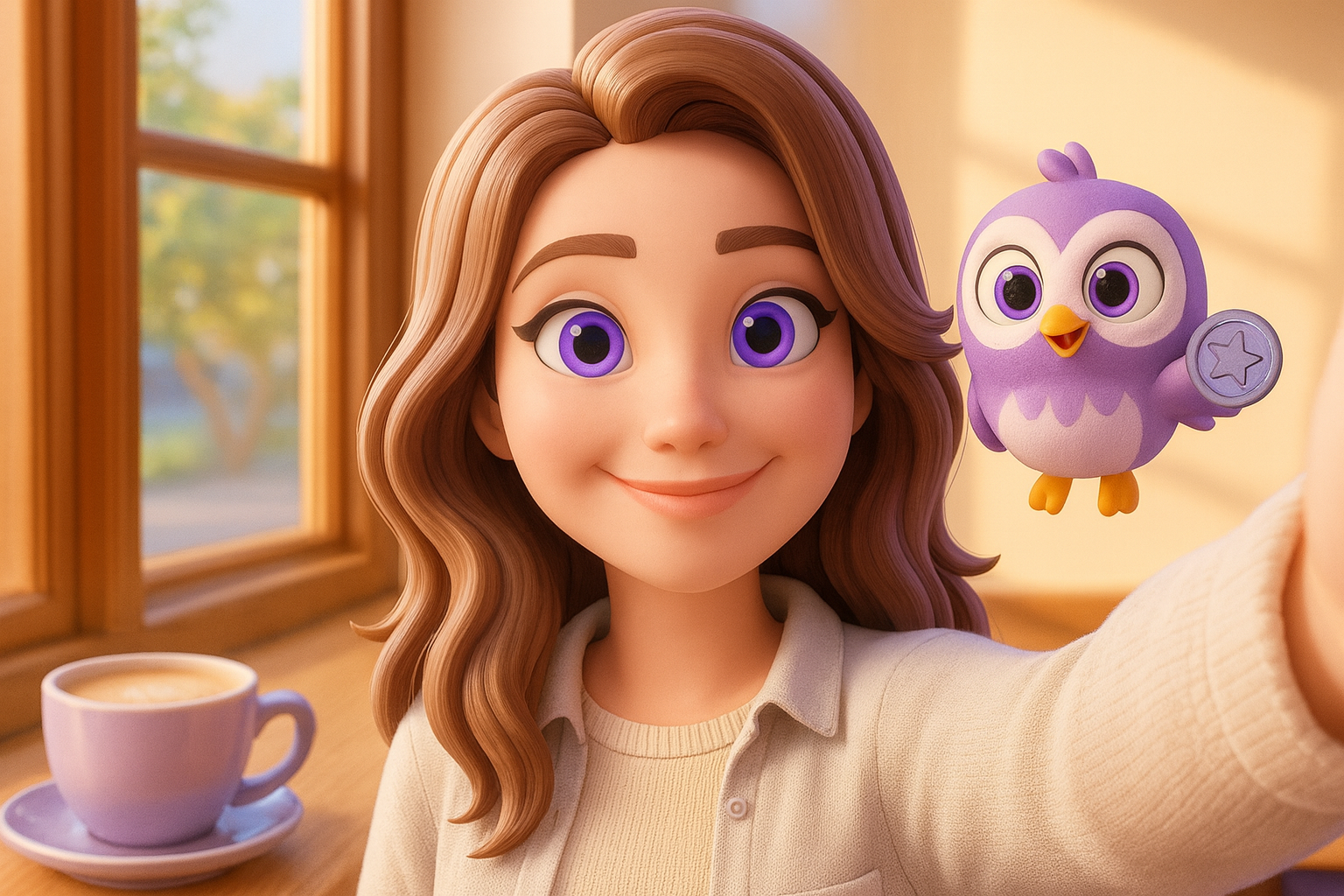 Opal takes a smiling selfie at a sunny café window table, with Pip the little robot floating beside her holding his stamp.