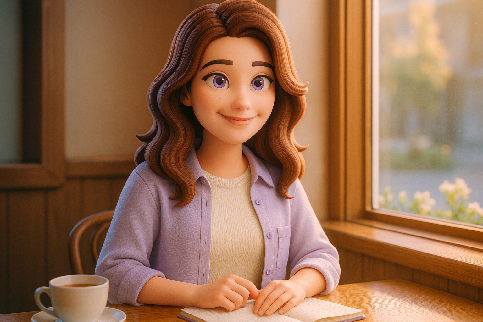 Opal, with wavy chestnut hair and a cream sweater, sits at a sunny café window table with a cup of tea and a notebook.
