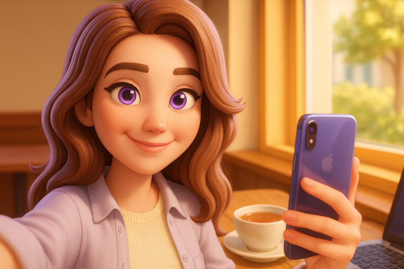 Selfie of a smiling woman with wavy chestnut hair, cream sweater and lavender overshirt, at a café window table with tea.