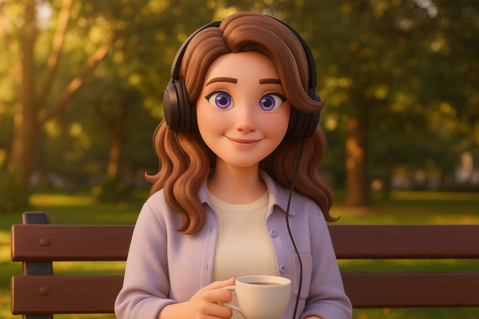 Opal on a sunny park bench in a cream sweater and lavender overshirt, headphones on, holding a cup of tea and smiling.