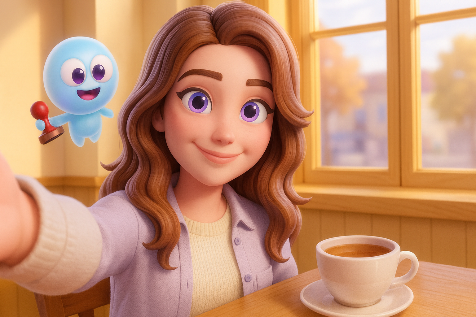 Opal takes a smiling selfie at a sunny café table with a teacup, while Pip, a small boxy robot, hovers at her shoulder.
